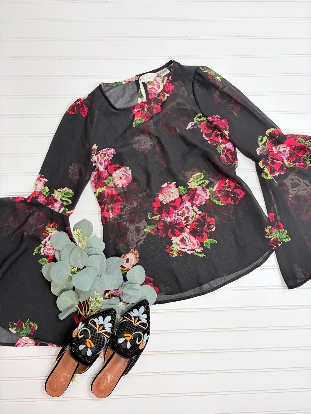 Mimi Chica Floral Sheer Bell Sleeve Top